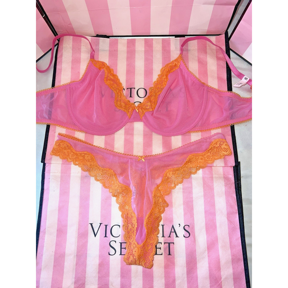 Victoria's Secret Bra Unlined Tease 34DD Medium Thong Pink & Orange